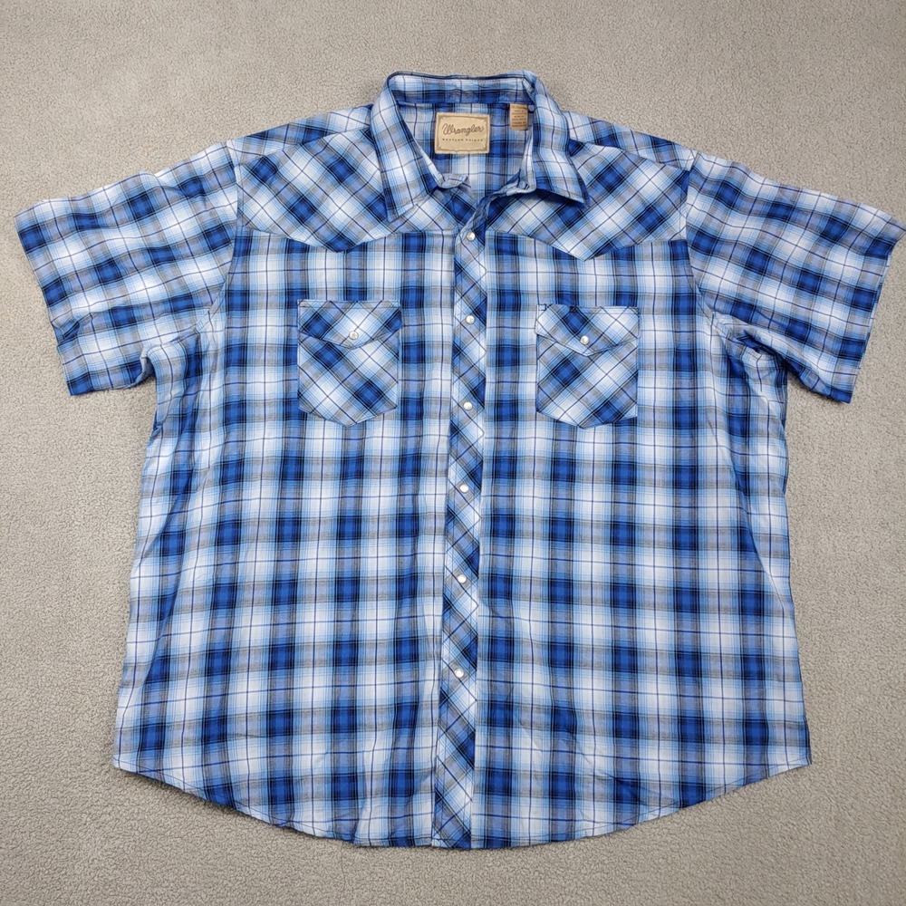Wrangler Western Shirt - Men 2XL Blue Plaid Pearl Snap Short Sleeve Casual Wear